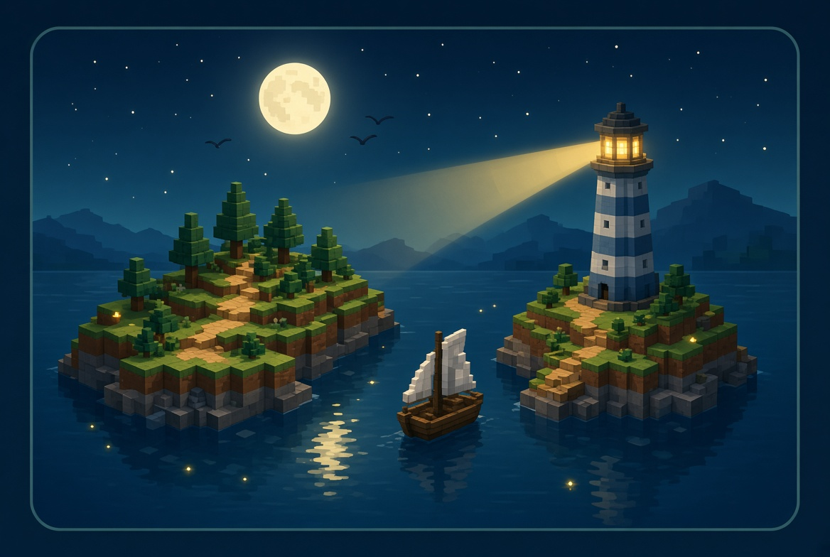 A moonlit Minecraft cove with islands, a lighthouse and a sailboat